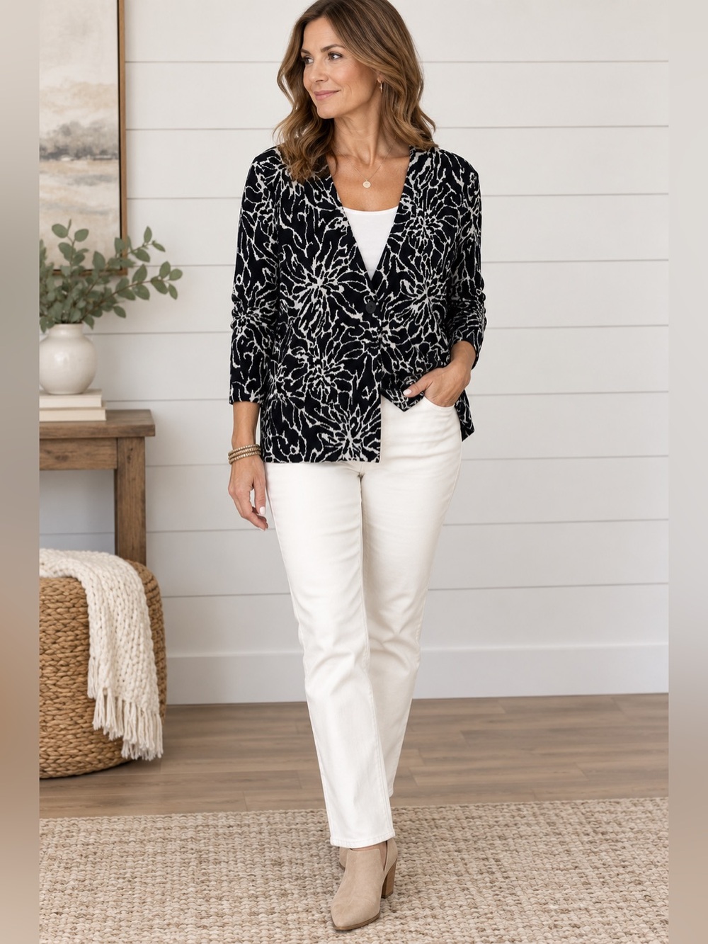Jones New York Navy and White Floral Cardigan-Size Med